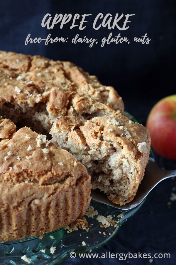 Gluten-free apple cake with a slice taken out